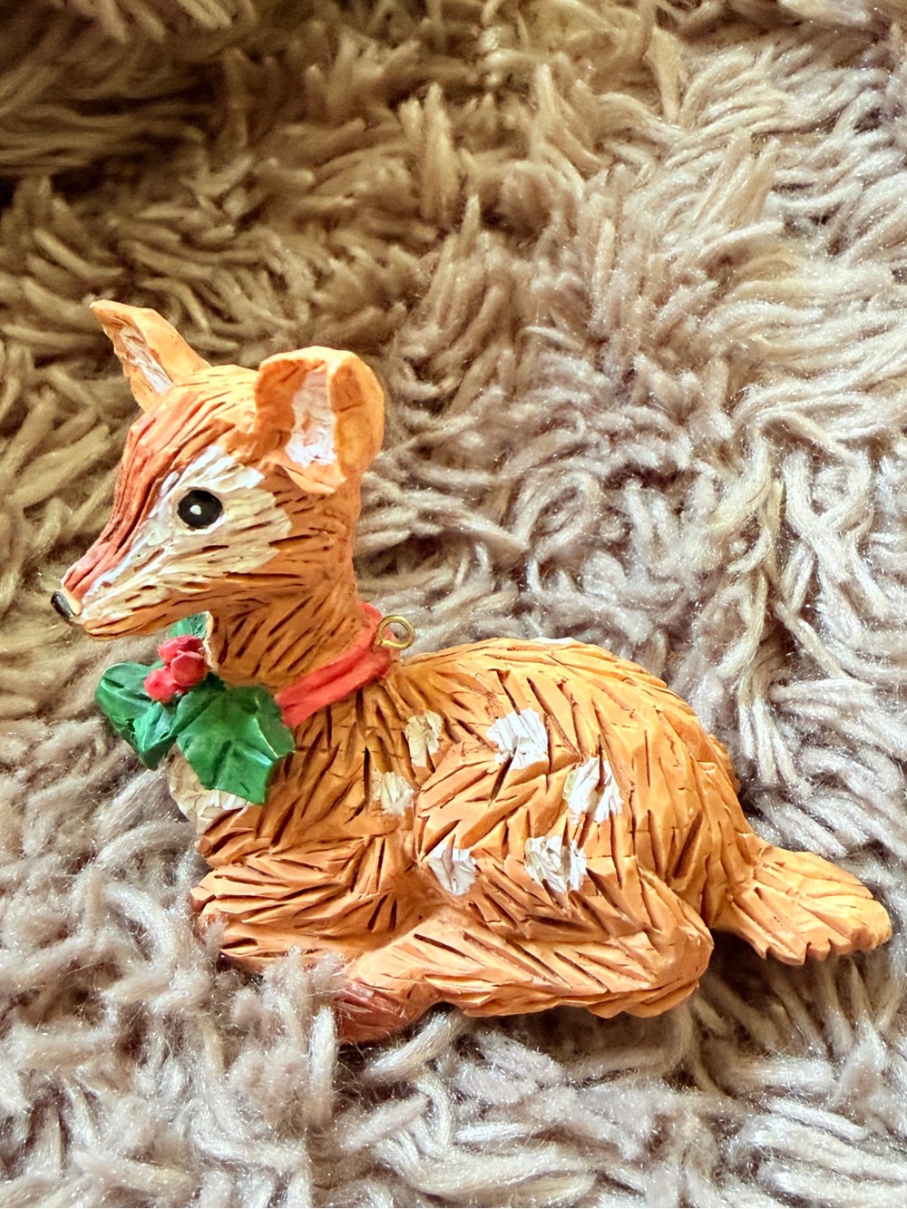 VTG Handpainted Fawn Deer Ornament Holly Bow woodland cottagecore christmas tree